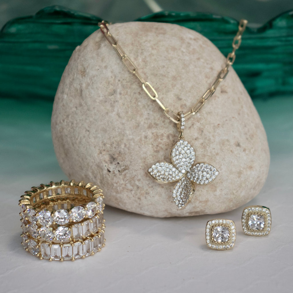 4 Leaf Flower Pave CZ  Necklace - Gold or Silver