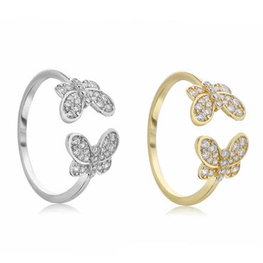 CZ Adjustable Double Butterfly Ring - Gold or Silver