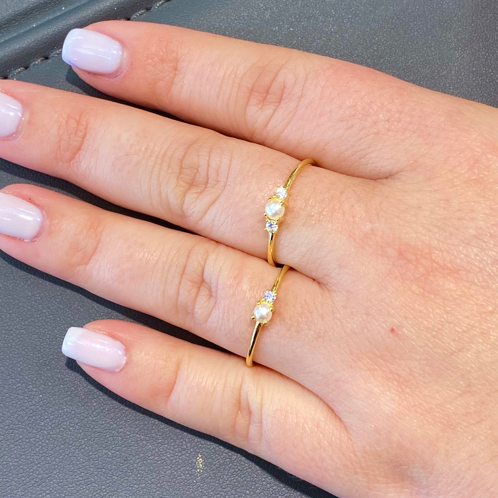 Simple Thin Stackable Pearl/ 2 CZ Ring - Gold
