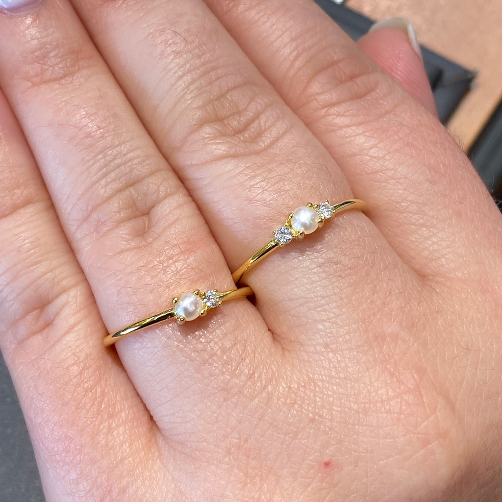 Simple Thin Stackable Pearl/CZ Ring - Gold