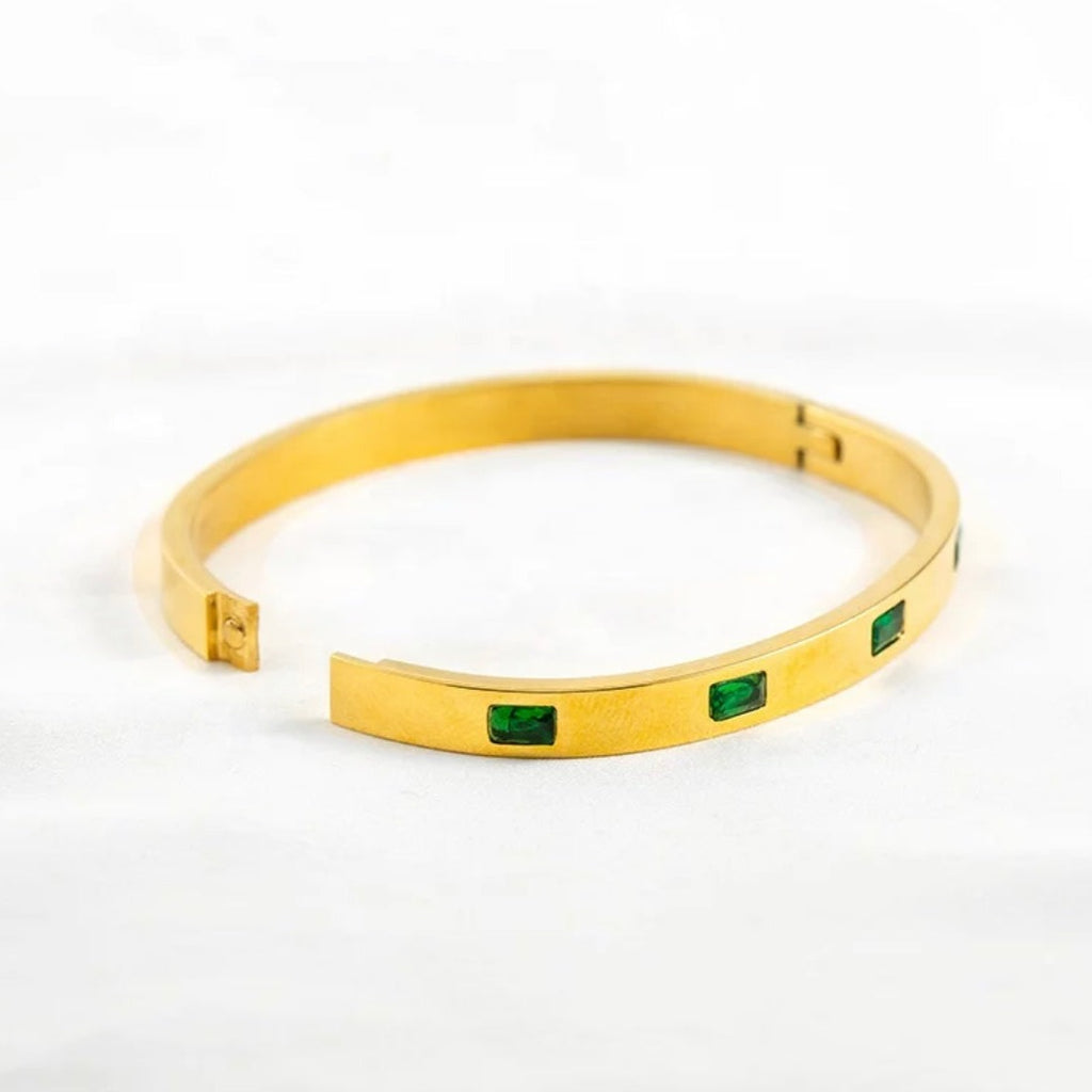 Green CZ Stainless Steel Bangle Bracelet - Gold