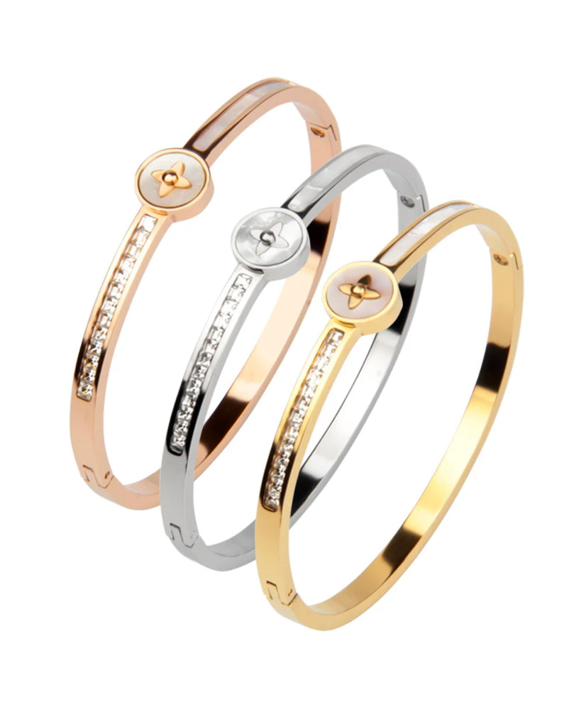 CZ - Shell Gem Four Leaf Bangle Bracelet - Silver, Gold, Rose Gold
