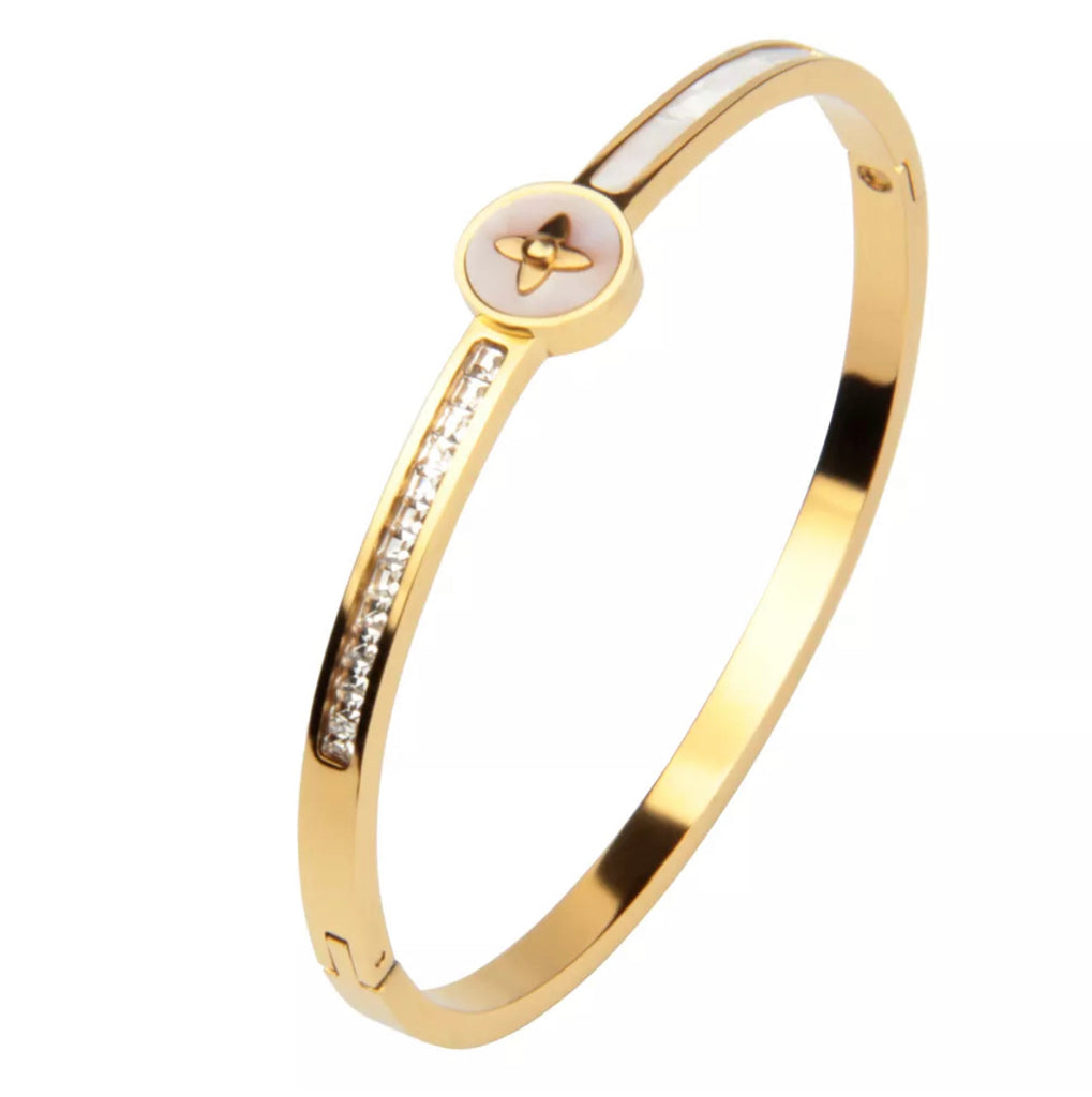 CZ - Shell Gem Four Leaf Bangle Bracelet - Silver, Gold, Rose Gold