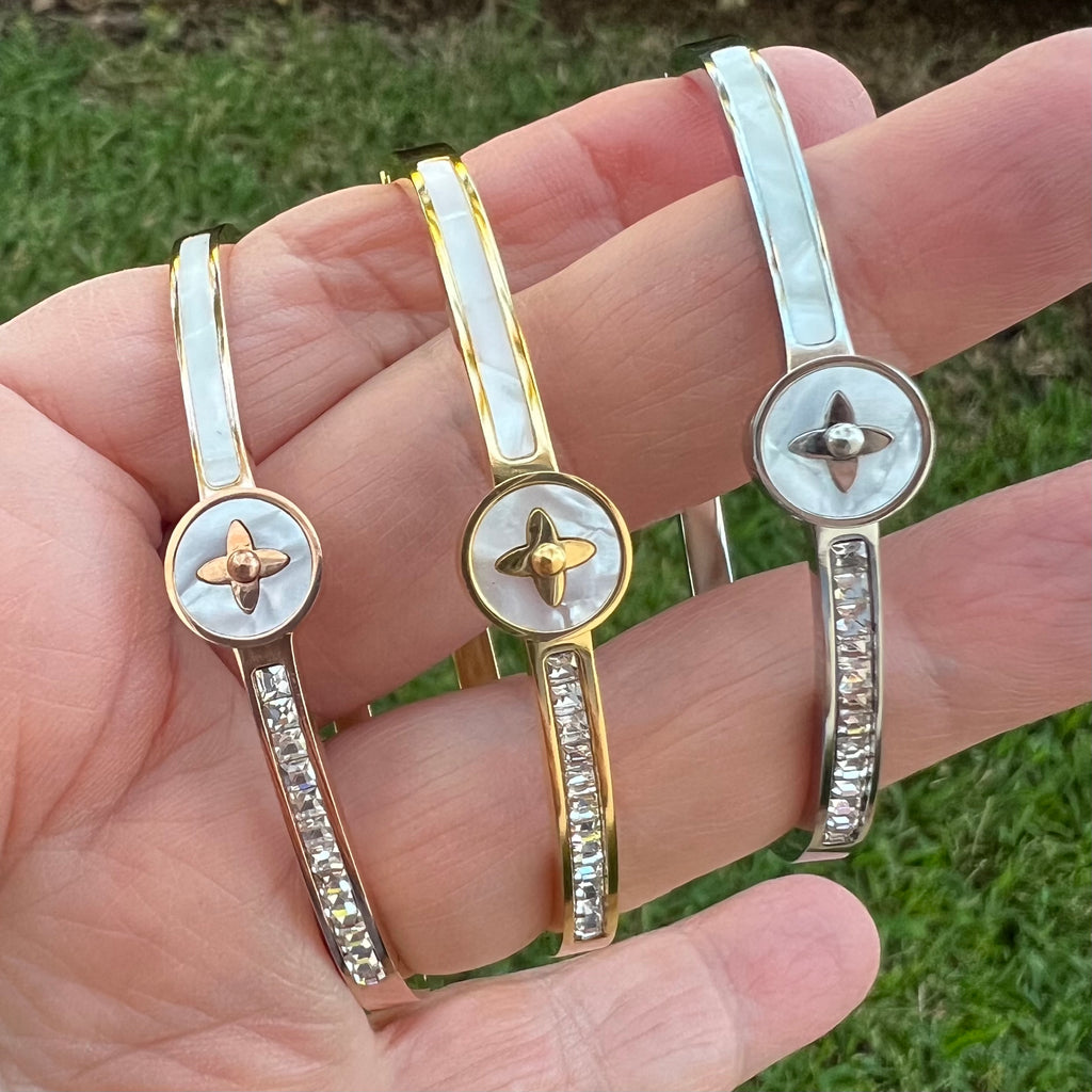 CZ - Shell Gem Four Leaf Bangle Bracelet - Silver, Gold, Rose Gold