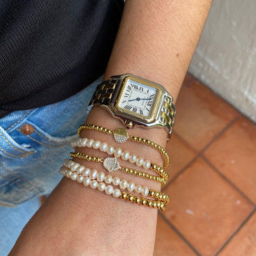 Stretch Beaded Bracelet With Half CZ Pave Disc - Gold