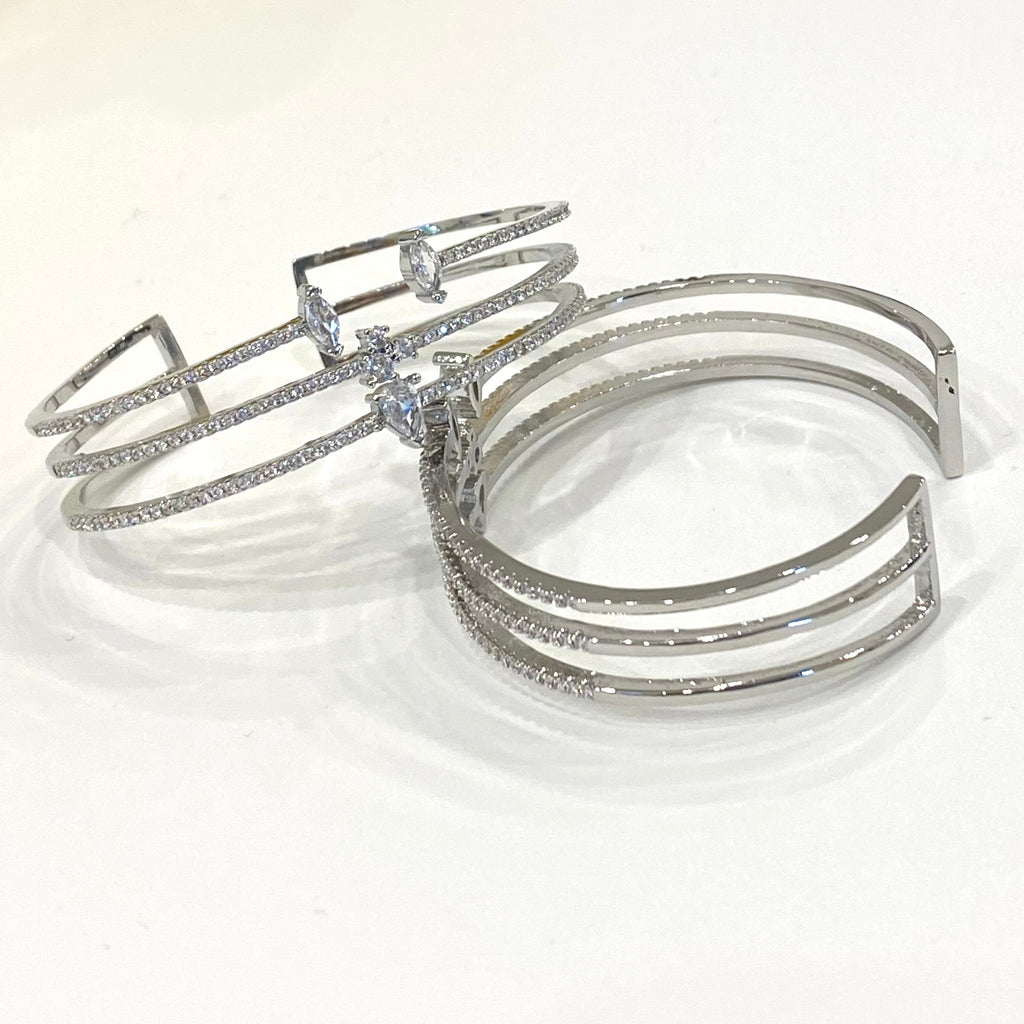 Pave CZ Triple Row Cuff Bracelet - Silver