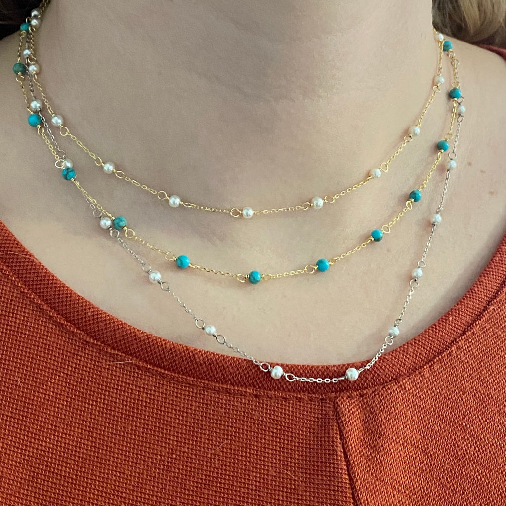 Tiny Freshwater Pearl or Turquoise Stone Choker - Gold or Silver