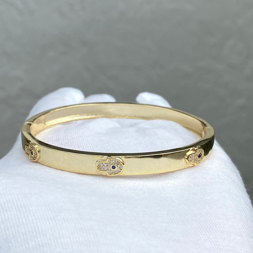 CZ Evil Eye Hamsa Bangle Bracelet - Gold and Silver