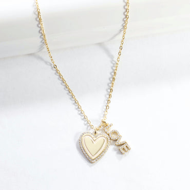 Heart and Love CZ Pendant Necklace - Gold