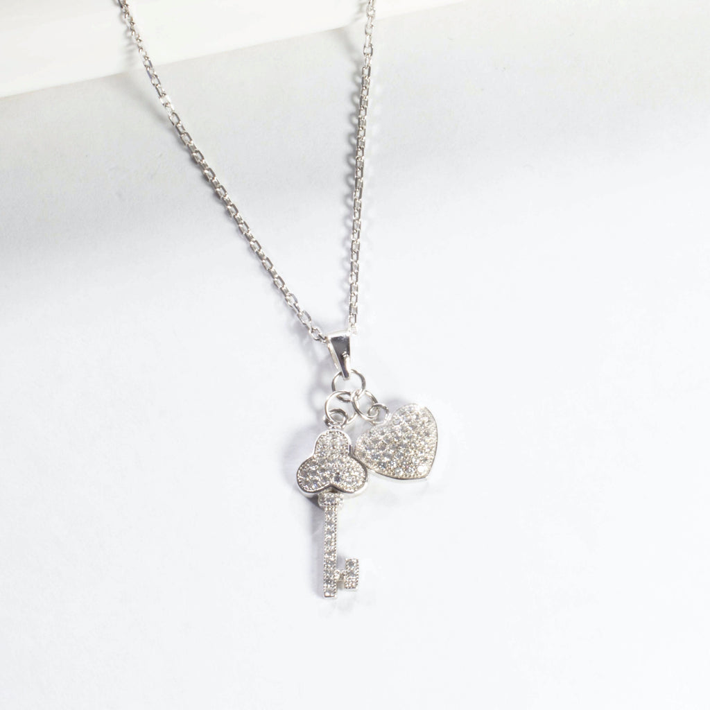 Pave Heart and Key Pendant Necklace