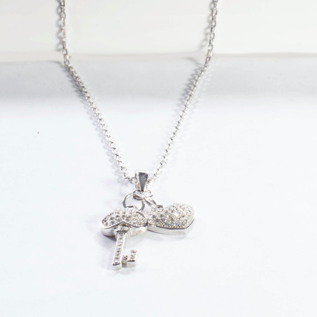 Pave Heart and Key Pendant Necklace