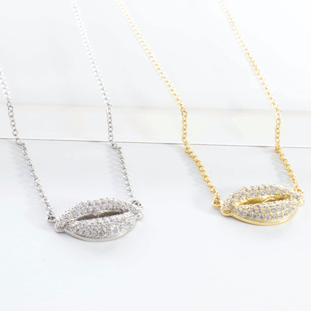 Pave Lips Pendant Necklace - Gold or Silver