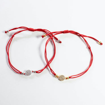 Red String CZ Disc Bracelet - Gold or Silver