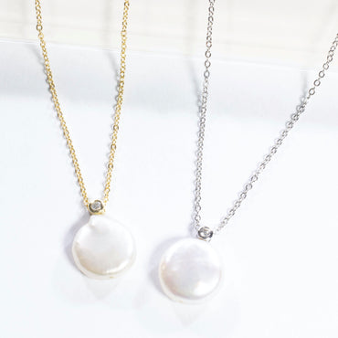 Single Pearl Pendant With CZ Necklace - Gold or Silver
