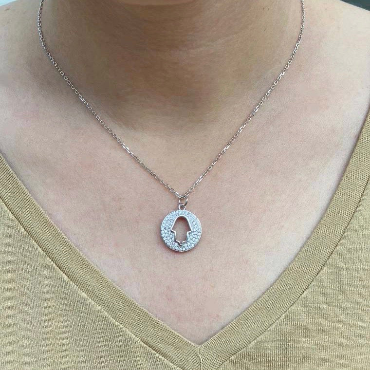 Open Pave Disc Hamsa Necklace - Silver