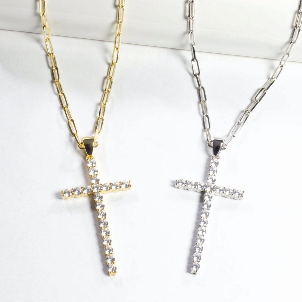 Cross CZ Pendant Necklace - Gold or Silver