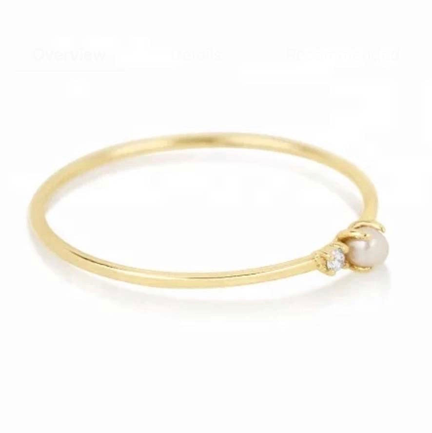 Simple Thin Stackable Pearl/CZ Ring - Gold