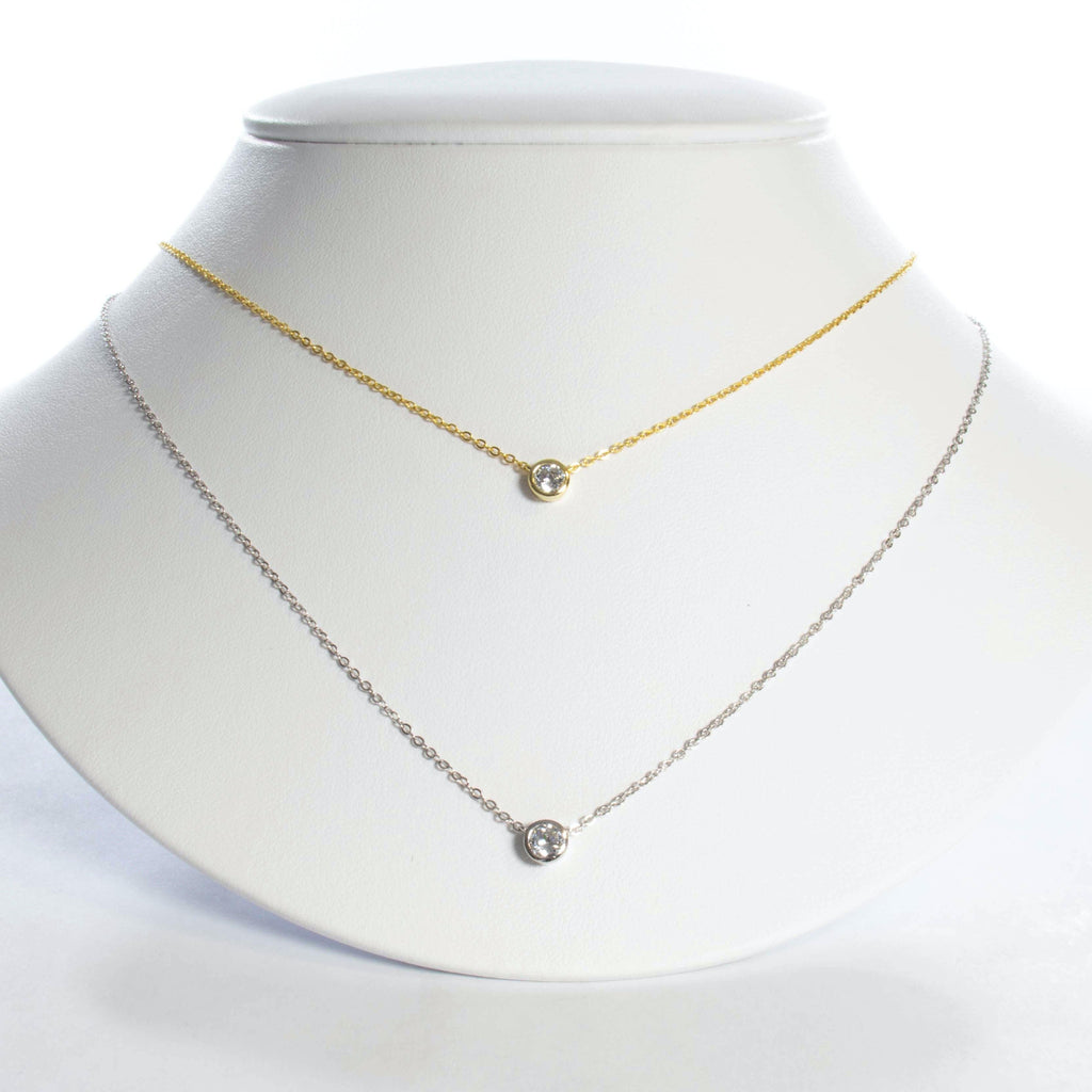 Bezel CZ Solitaire Necklace - Gold or Silver-Necklaces-Balara Jewelry