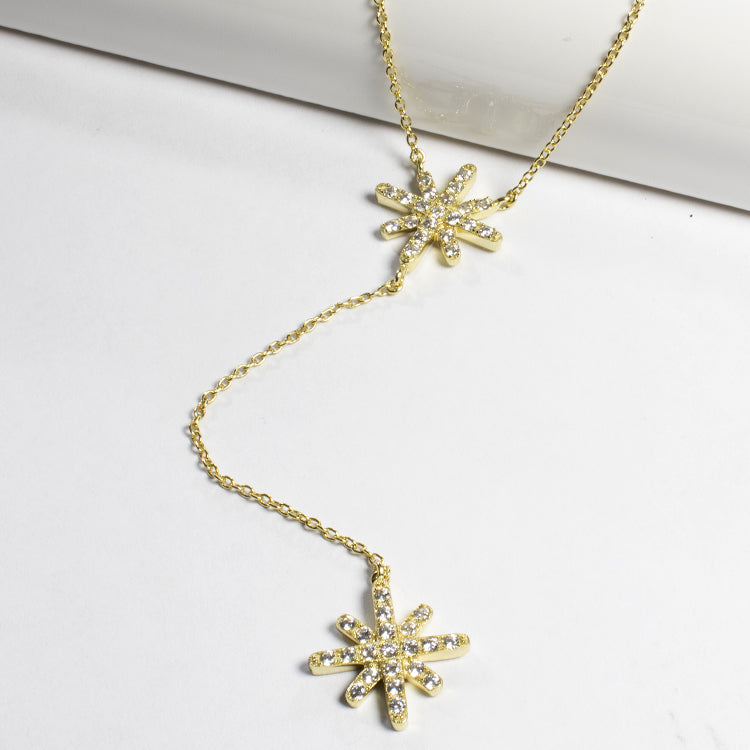 Double Starburst CZ Lariat Necklace-Necklaces-Balara Jewelry