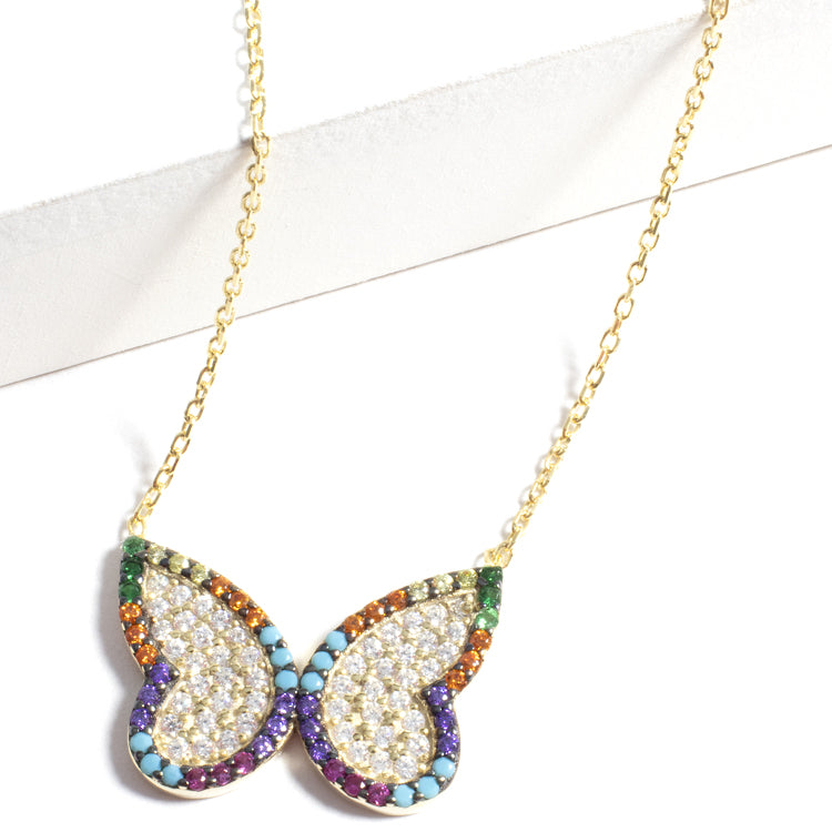 CZ Butterfly Trimmed in Multicolor Necklace-Necklaces-Balara Jewelry