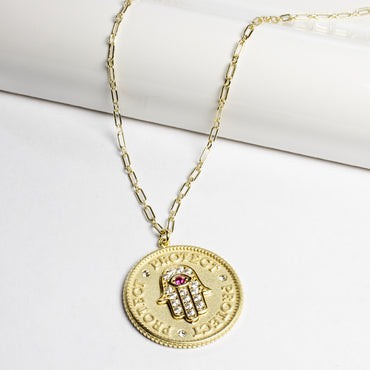 Hamsa CZ Coin Pendant Necklace-Necklaces-Balara Jewelry