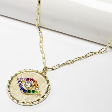 Multicolor Evil Eye Coin Pendant Necklace-Necklaces-Balara Jewelry