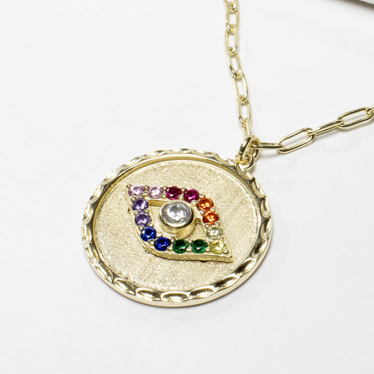 Multicolor Evil Eye Coin Pendant Necklace-Necklaces-Balara Jewelry