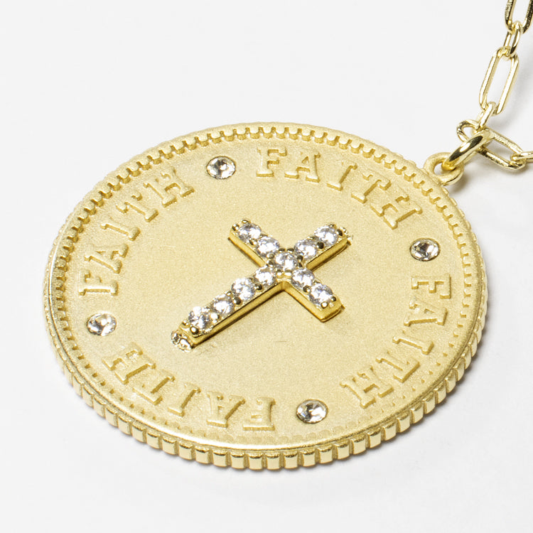 Cross CZ Coin Pendant Necklace-Necklaces-Balara Jewelry