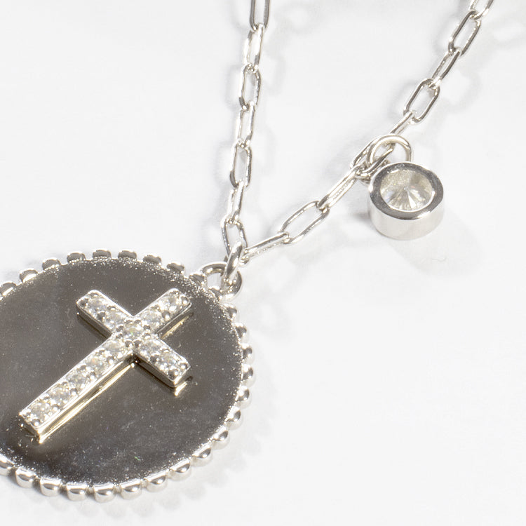 CZ Cross Disc Necklace-Necklaces-Balara Jewelry