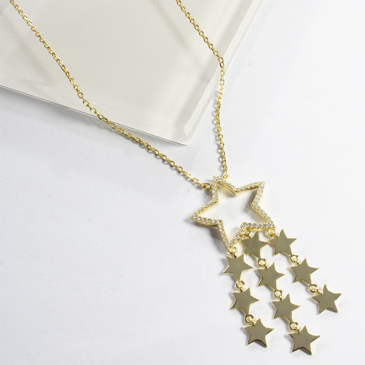 CZ Multi Shooting Star Necklace - Gold-Necklaces-Balara Jewelry