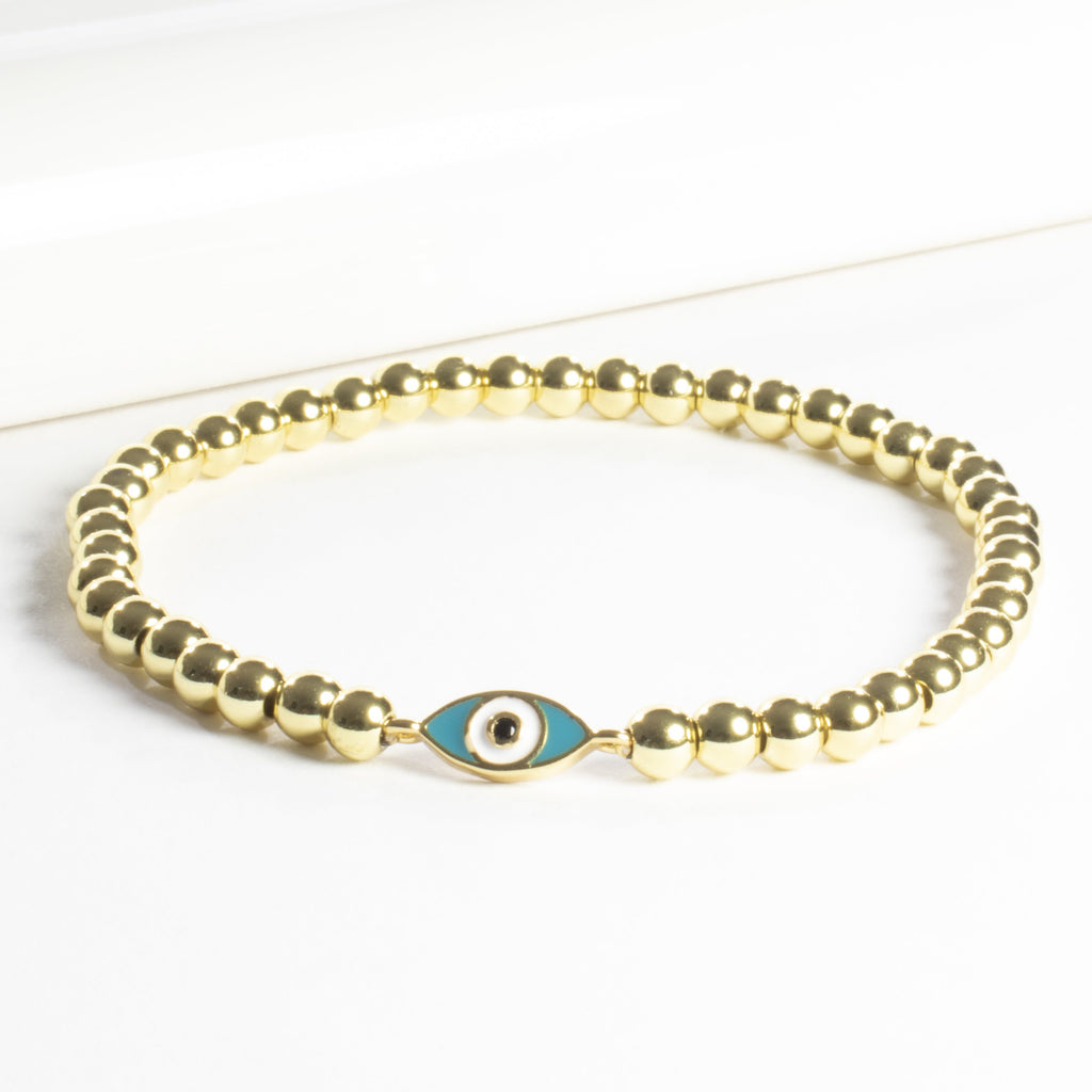 Enamel Evil Eye Stretch Beaded Bracelet - Gold