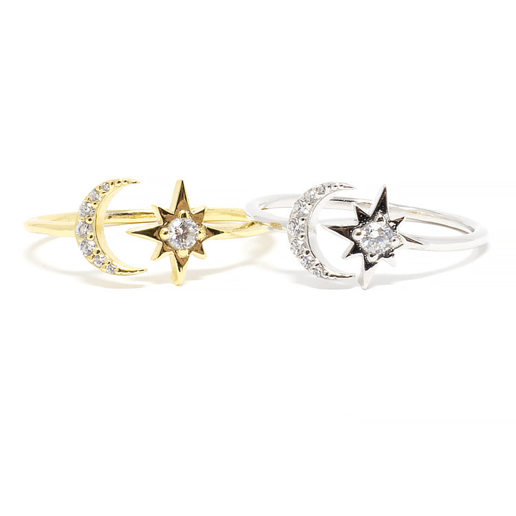 Moon and Star Ring - Gold or Silver-Rings-Balara Jewelry