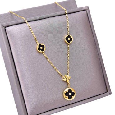 Black Four Leaf Clover Flower Necklace - Gold