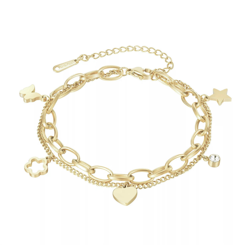 Double Stainless Steel Layered Charm Bracelet - Gold or Silver Silver