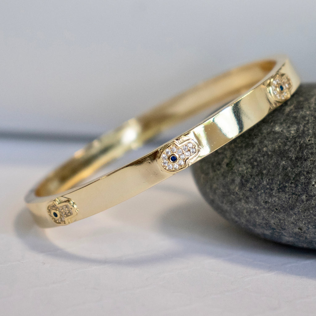CZ Evil Eye Hamsa Bangle Bracelet - Gold and Silver