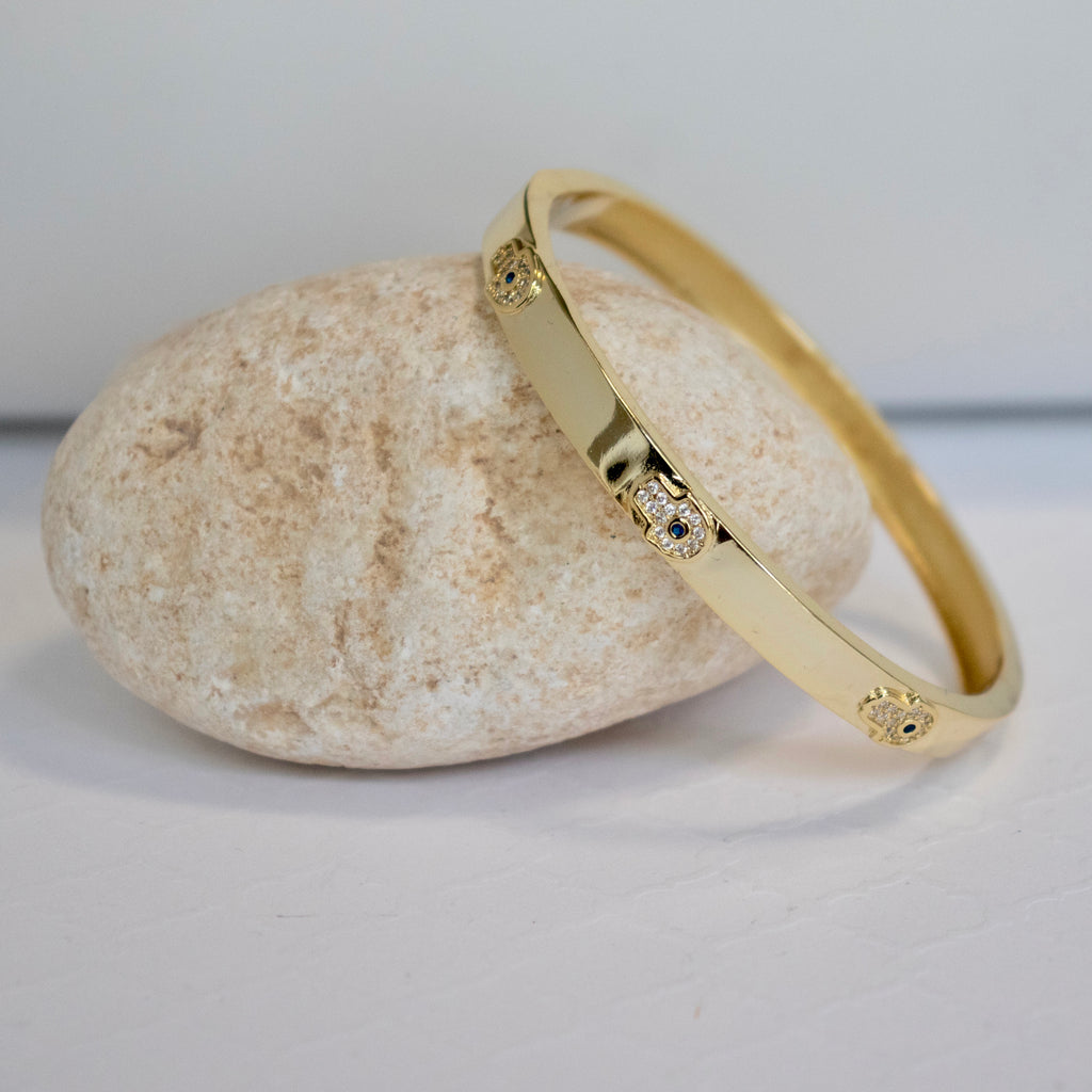 CZ Evil Eye Hamsa Bangle Bracelet - Gold and Silver