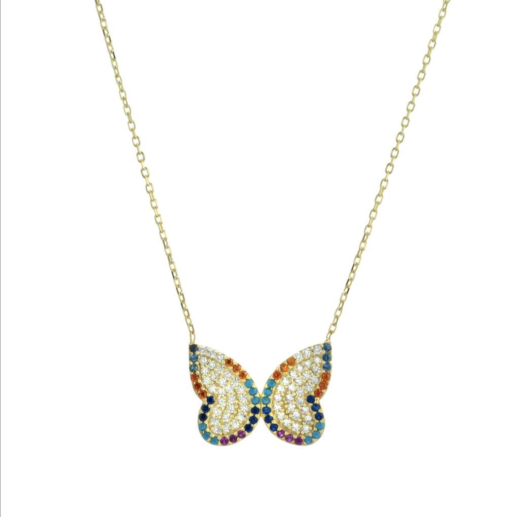CZ Butterfly Trimmed in Multicolor Necklace - Gold