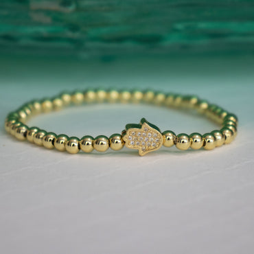 Stretch Beaded CZ Hamsa Bracelet - Gold