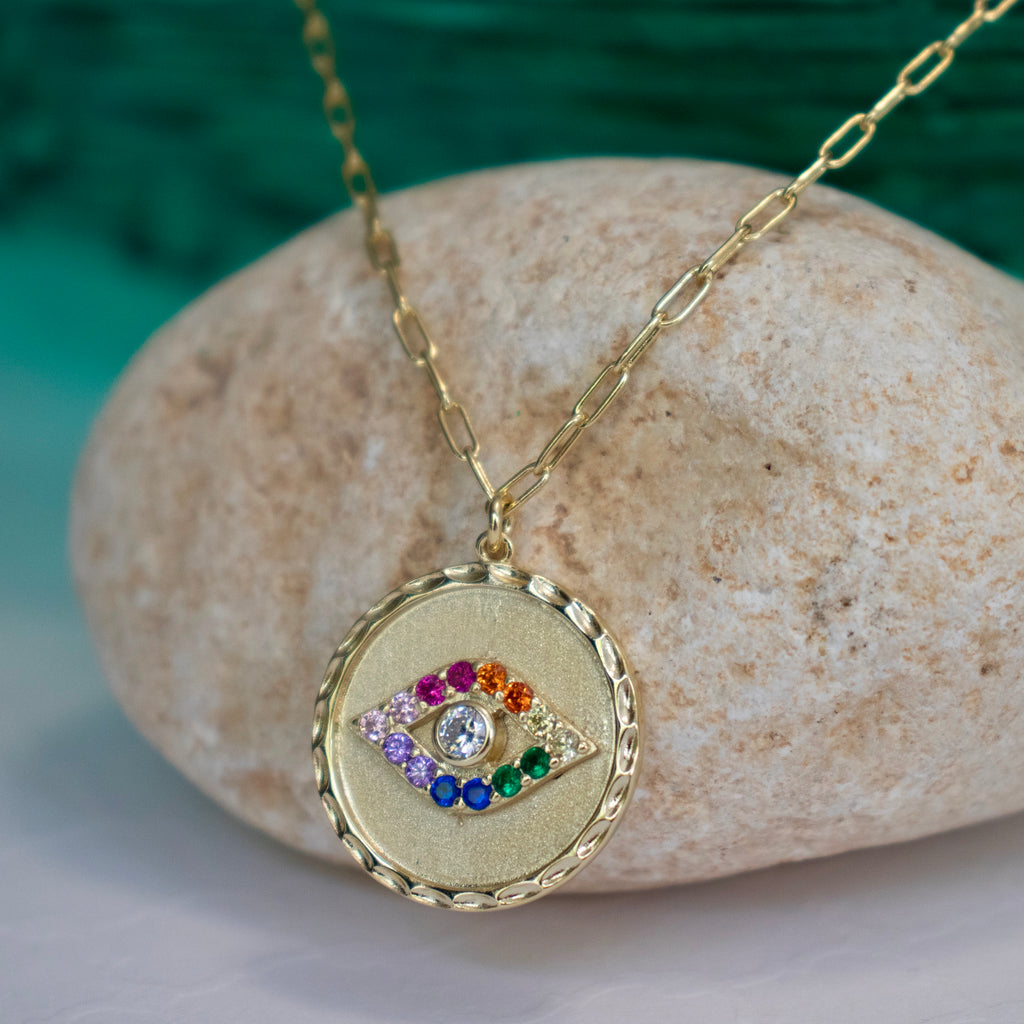 Multicolor Evil Eye Coin Pendant Necklace - Gold