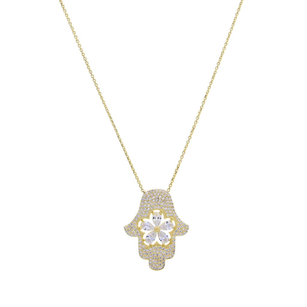 Sterling Silver CZ Hamsa Necklace - Gold