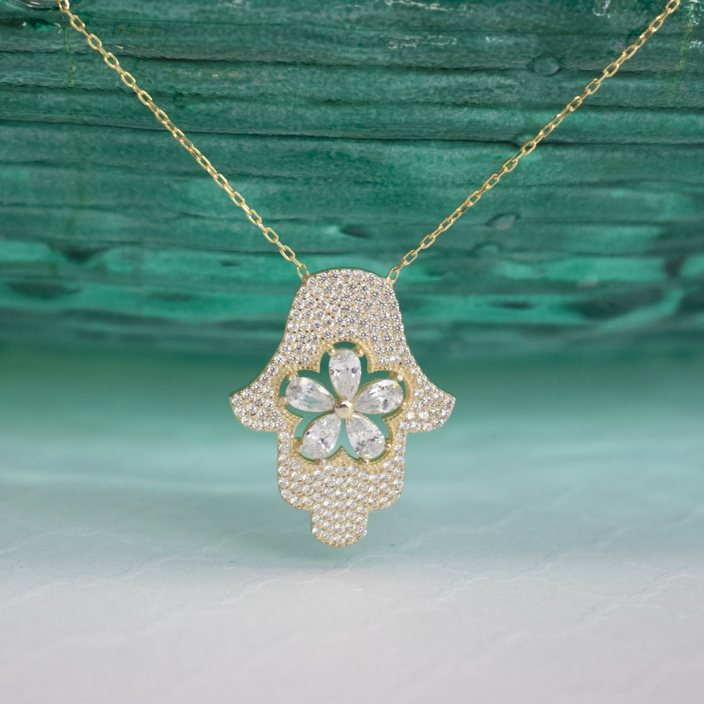 Sterling Silver CZ Hamsa Necklace - Gold