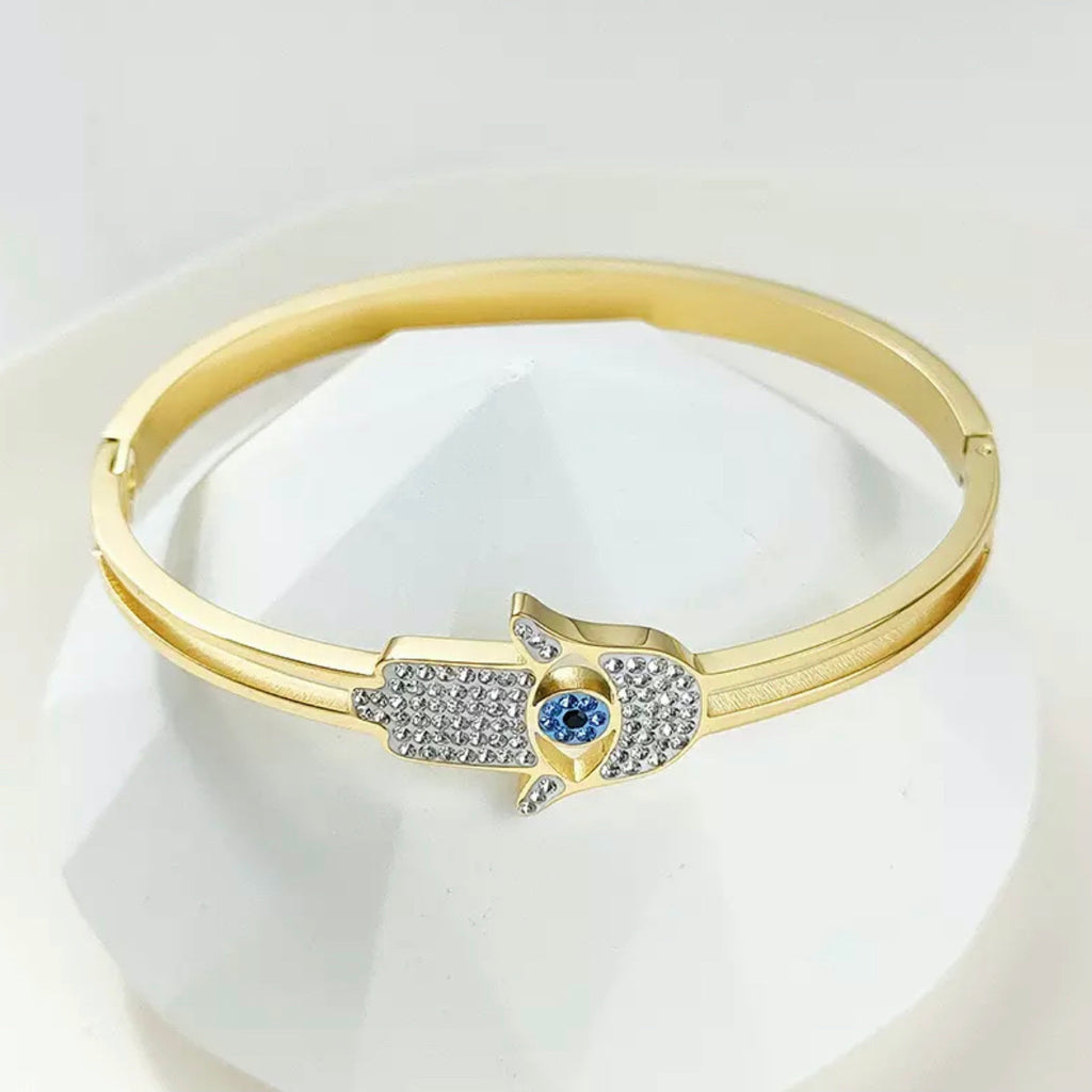 CZ Hamsa - Evil Eye Bangle Bracelet - Gold and Silver