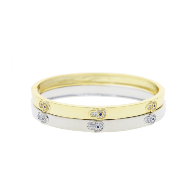 CZ Evil Eye Hamsa Bangle Bracelet - Gold and Silver