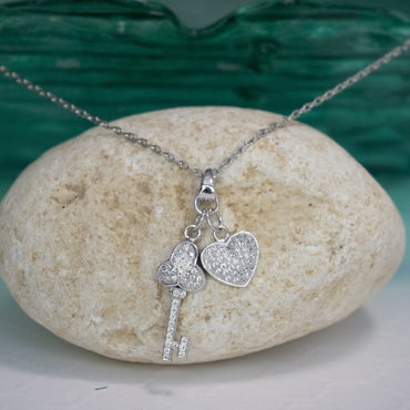 Pave Heart and Key Pendant Necklace