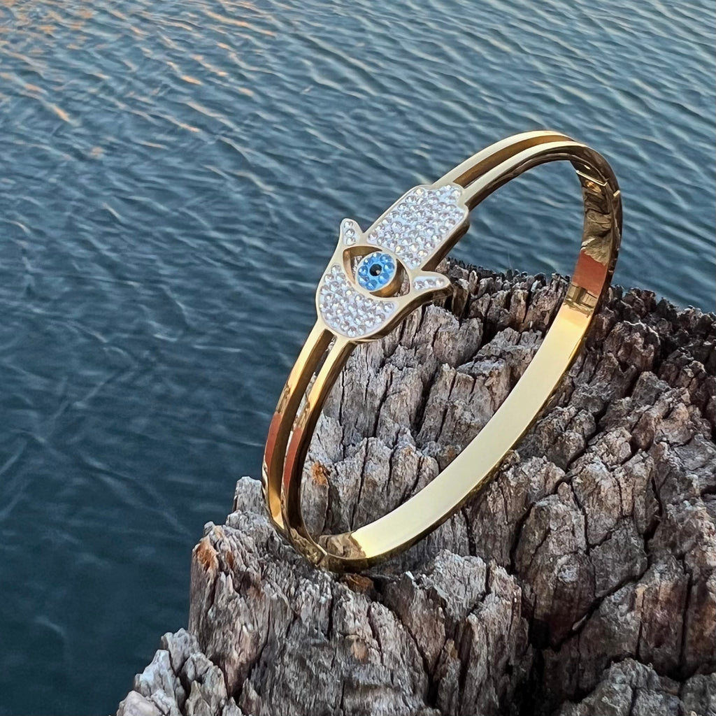 CZ Hamsa - Evil Eye Bangle Bracelet - Gold and Silver