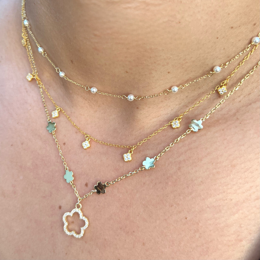 Multi Clovers CZ Drop Necklace - Silver Or Gold
