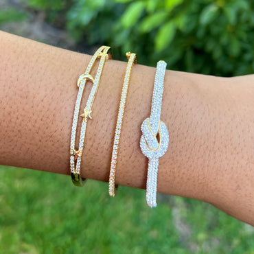 Fancy Pave CZ Knot Bangle Bracelet - Gold Or Silver