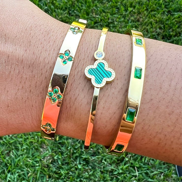 Green CZ Stainless Steel Bangle Bracelet - Gold