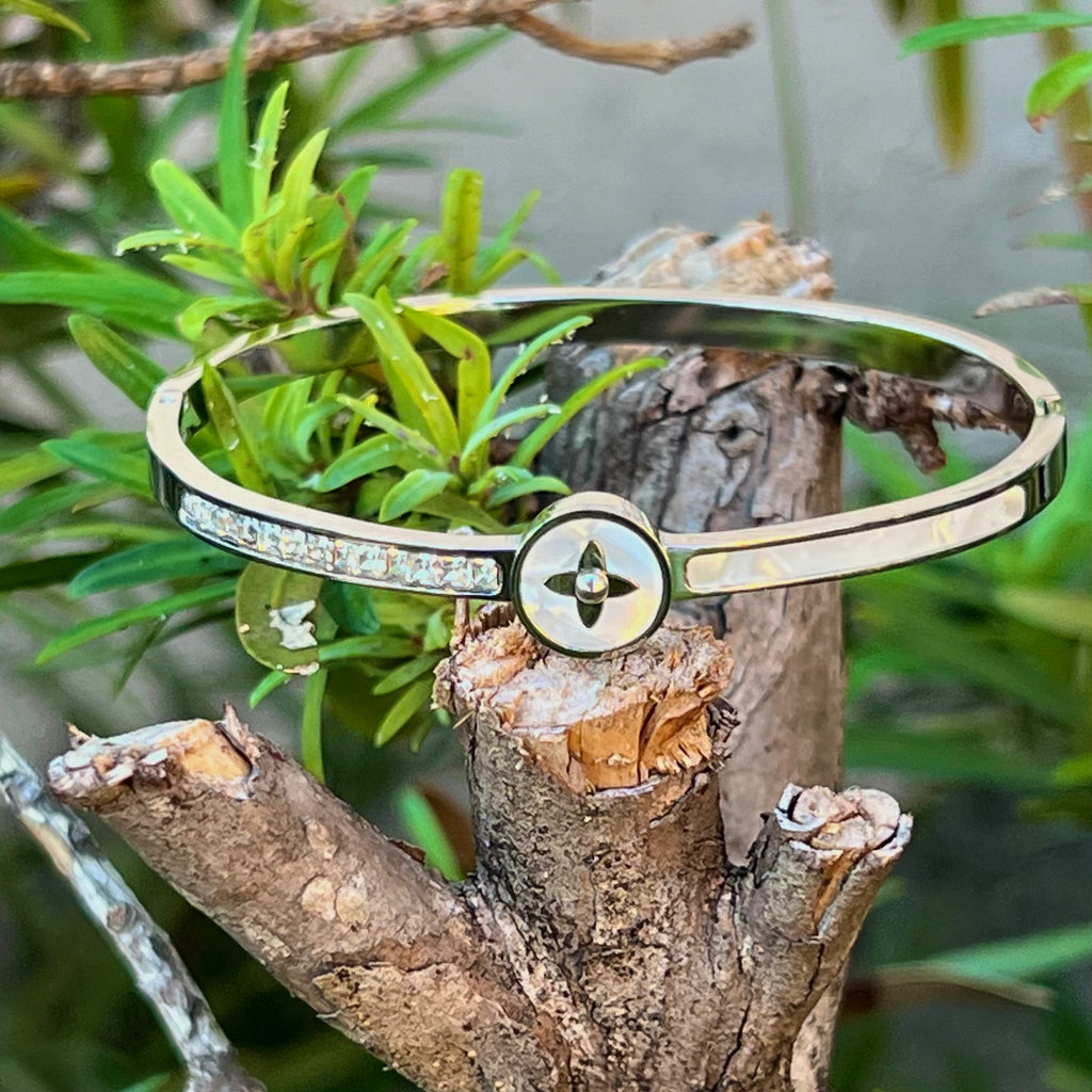 CZ - Shell Gem Four Leaf Bangle Bracelet - Silver, Gold, Rose Gold