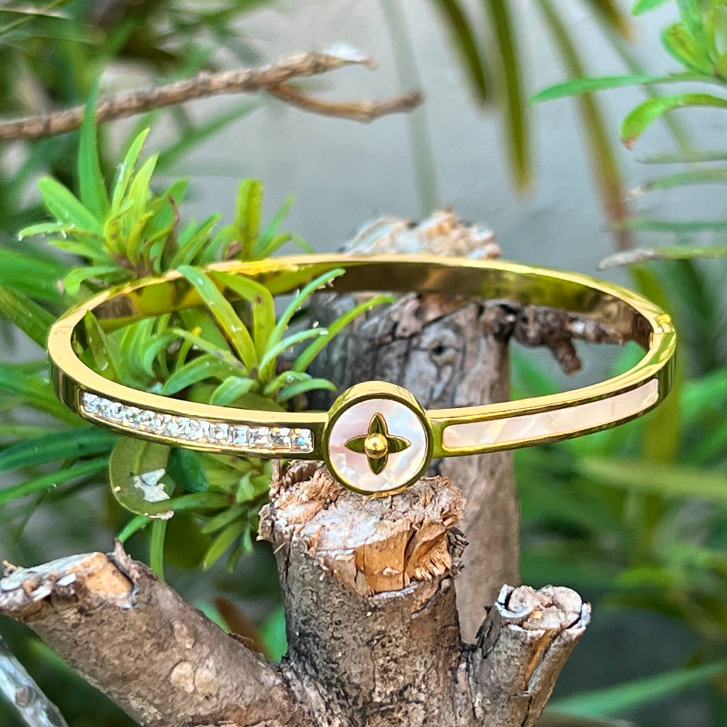 CZ - Shell Gem Four Leaf Bangle Bracelet - Silver, Gold, Rose Gold